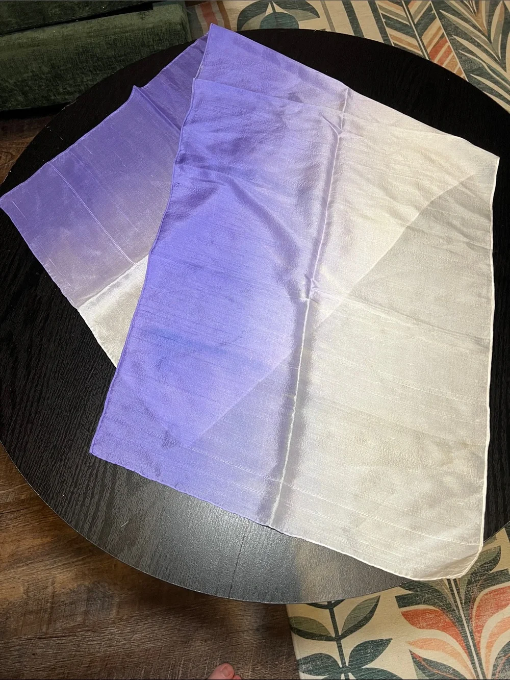 100% Silk Dupioni Handrolled Edge Hand-Dyed Purple Cream Ombre Gradient Scarf